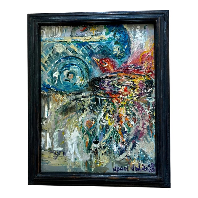 "Bird on Its Ladder", Framed, Oil Painting, Aviary Art For Sale