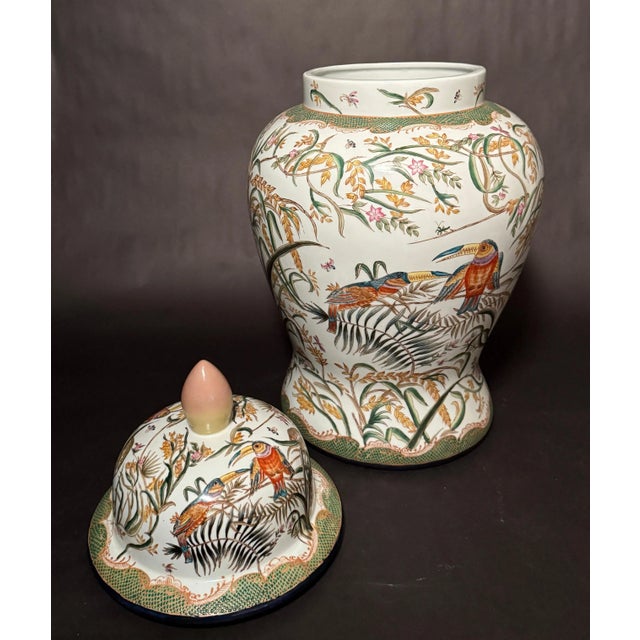 Jarre De Temple "Toucans". Temple jar, covered urn by noted designer Fabienne Jouvin. Exotic inspiration from his travels...