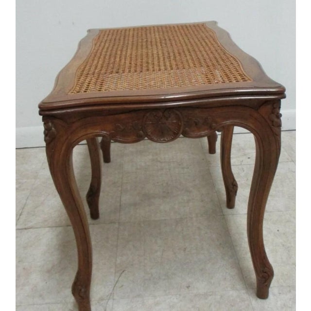 Wood Antique Quality French Country Carved Cane Bench Stool Coffee Table For Sale - Image 7 of 10