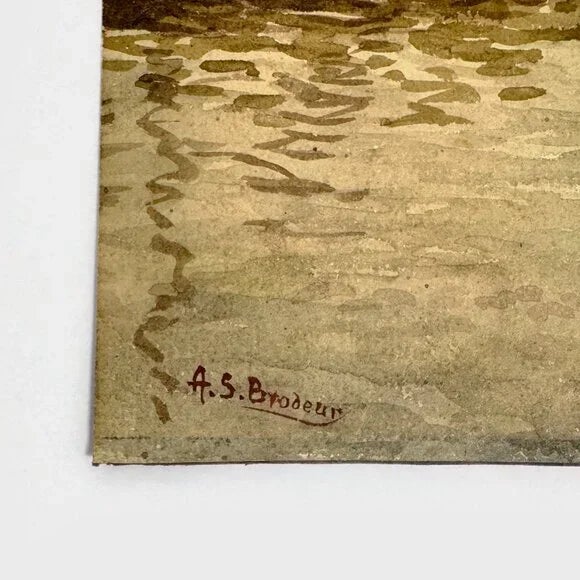 Quebec c.1930 Watercolor Painting "Marine" By A.S. Brodeur. Measures 10.75x8.5 inches.