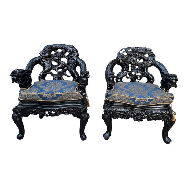 Pair of Vintage Asian Dragon Armchairs Made in Ishizuka For Sale