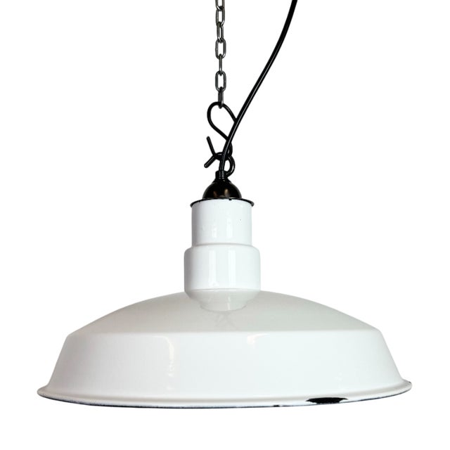 Industrial White Enamel Factory Pendant Lamp, 1960s For Sale