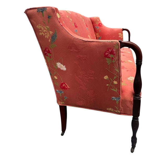 1910s Antique Petite Sheraton Style Mahogany Camel Back Settee For Sale - Image 5 of 14