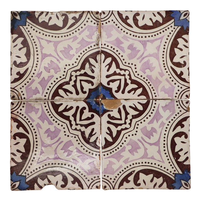 19th Century Set of Four Portuguese Tiles, Dark Brown, Light Purple, Blue and White For Sale