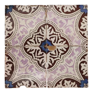 19th Century Set of Four Portuguese Tiles, Dark Brown, Light Purple, Blue and White