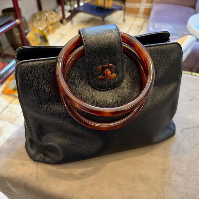 A Rare 2000s Black Caviar Leather and Bakelite Top Handle Bag by Chanel For Sale - Image 9 of 15