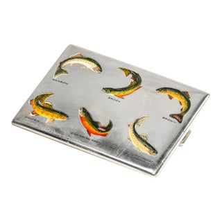 Amazing Antique Sterling Silver Hand Painted Enamel Fishing Fish Trout Cigarette Case Holder Sporting Art Deco Luxury Style For Sale