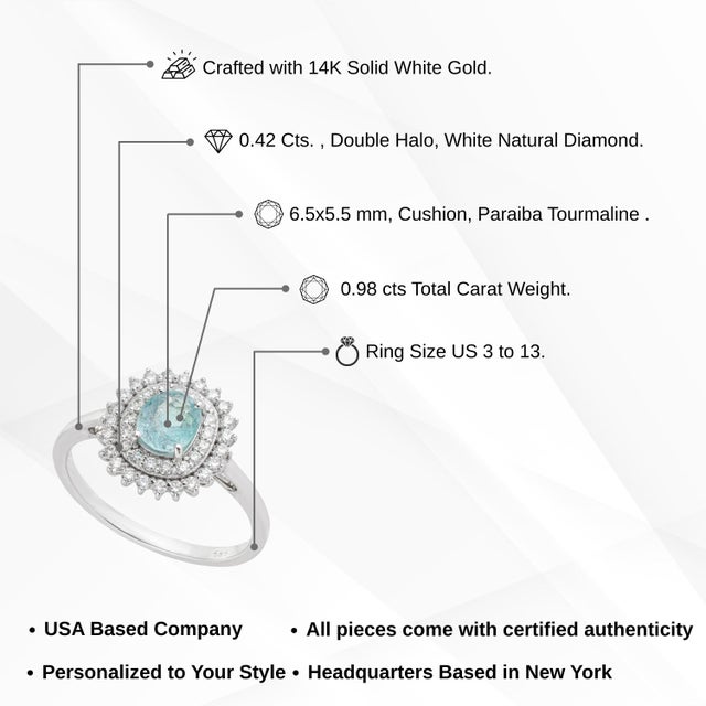 Natural Cushion Cut Paraiba Tourmaline Double Halo CLuster Diamond Ring Size 5.5 For Sale - Image 13 of 18
