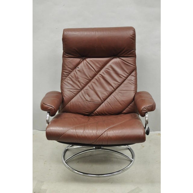 Ekornes ASA Vintage Ekornes Stressless Brown Leather Reclining Swivel Lounge Chair & Ottoman For Sale - Image 4 of 18