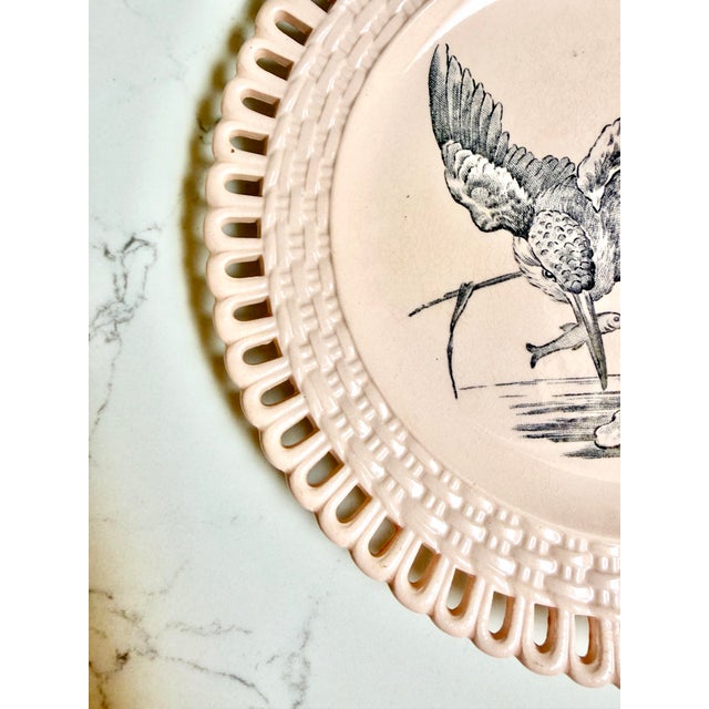 Longwy Pair of Longwy "Marly" Earthenware Plates With Brown and Blue Transferware and a Pierced Basketweave Border For Sale - Image 4 of 9