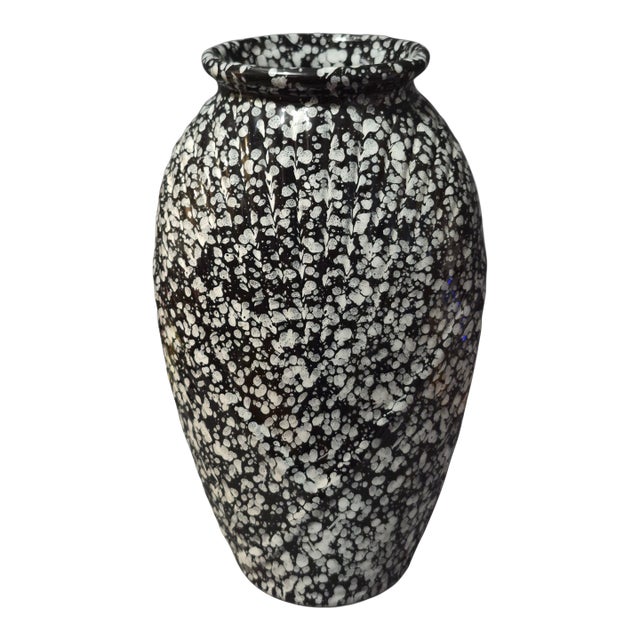 Vintage Art Deco Style Speckled Ceramic Black & White Vase For Sale