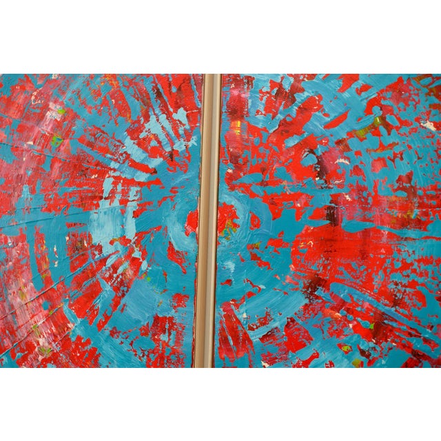Cyan Red Circle Diptych, Contemporary Painting on Canvas, Framed For Sale - Image 9 of 12