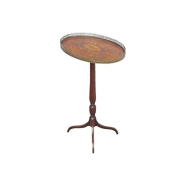 Antique; 19th century, English, Sheraton Style, oval, inlaid, pedestal table with brass reticulated rail and fluted base....