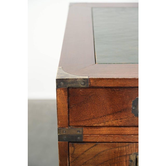 Wooden English Desk with Brass Elements and Green Leather Top For Sale - Image 12 of 14
