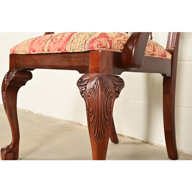 Brown Ethan Allen Chippendale Carved Mahogany Armchairs or Dining Captain Chairs, Pair For Sale - Image 8 of 14