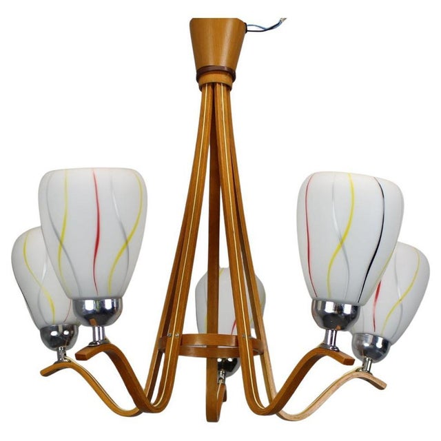 Mid-Century Wooden Chandelier with Glass Shades, Czechoslovakia, 1970s For Sale - Image 14 of 14