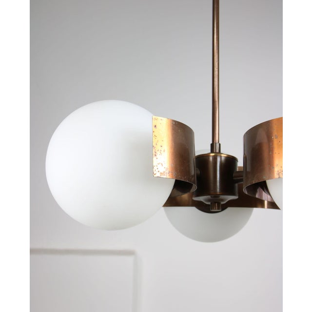 Vintage Italian Copper and Opaline Glass Chandelier For Sale - Image 9 of 18