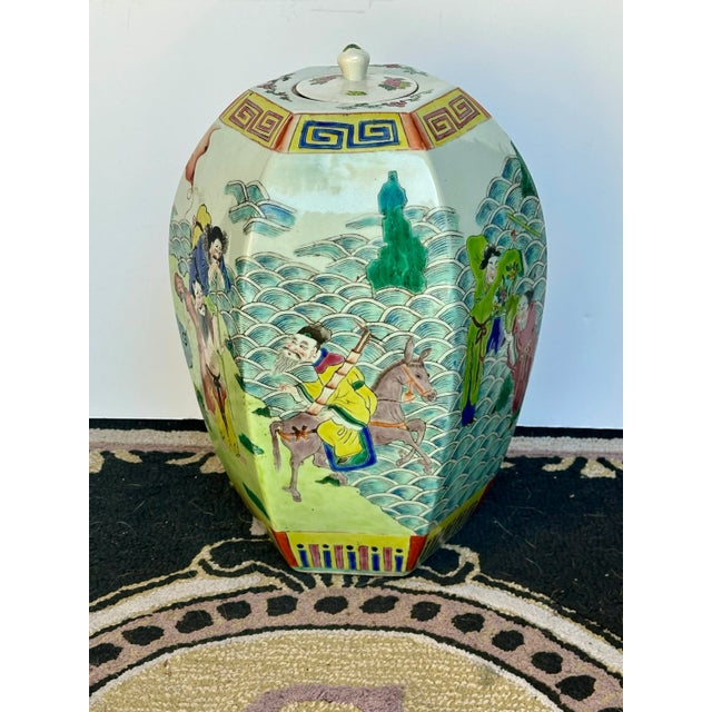 Ceramic Mid 20th Century Chinese Melon Hexagonal Ginger Jar With Figural Scenes For Sale - Image 7 of 9