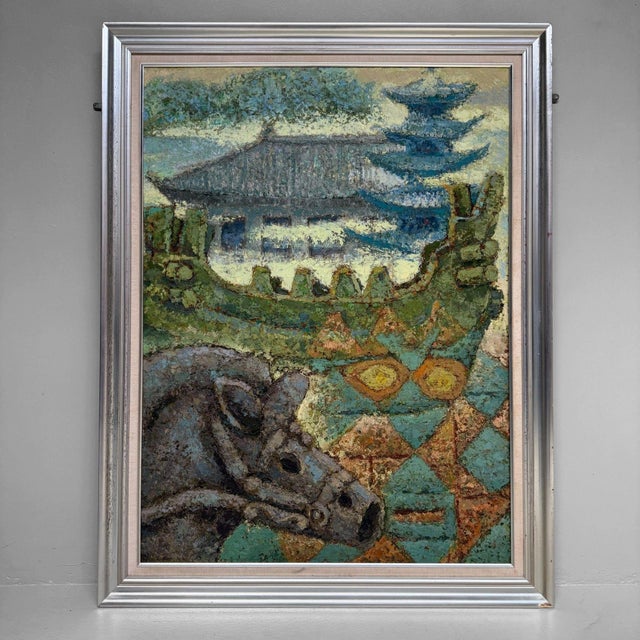 Takahashi, Haniwa Horse & Pagoda, 1980s, Oil on Canvas For Sale - Image 4 of 11