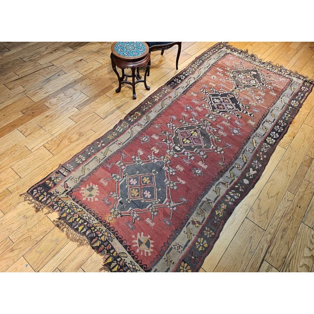 Vintage Turkish Tribal Kilim, Flat-Woven Medallion Pattern, Burgundy & Ivory, 5x11 For Sale - Image 4 of 13