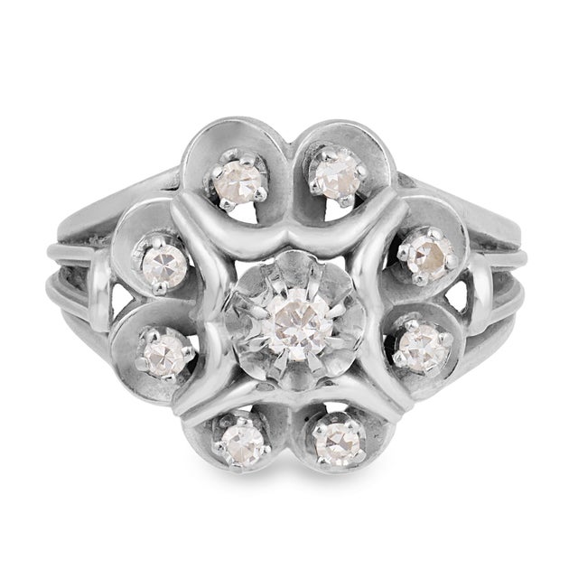 Contemporary 1950s Mid Century French Diamond 18k White Gold Cocktail Ring, Size 6.25 For Sale - Image 3 of 7