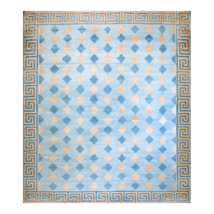 Excellent Sky Blue Background With Blue and Orange Diamond Antique Indian Cotton Dhurrie Rug