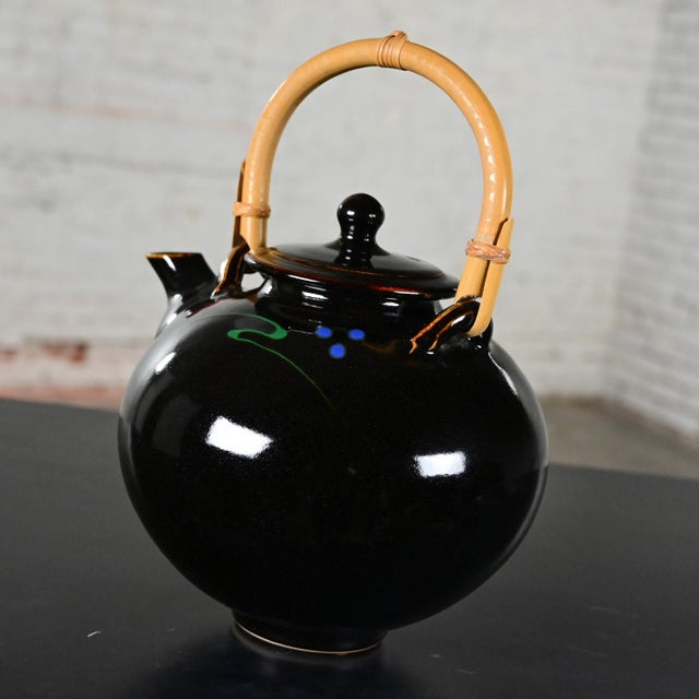 Late 20th Century Contemporary Asian Dark Brown Glazed Ceramic Teapot With Wrapped Rattan Handle For Sale - Image 6 of 12