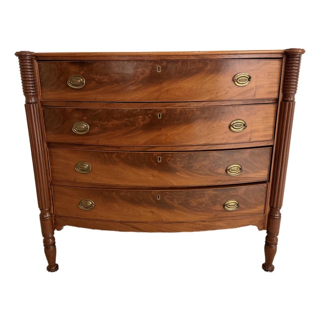 Antique American Federal Bowfront Chest of Drawers, Flame Mahogany, C. 1820 For Sale