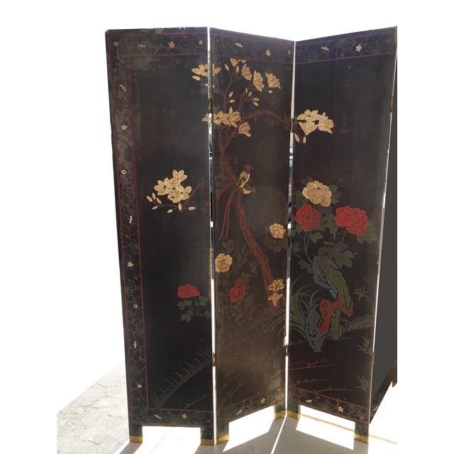 Oriental Asian Four Panel Screen Gold Chinoiserie Coromandel Room Divider Geese For Sale - Image 12 of 12