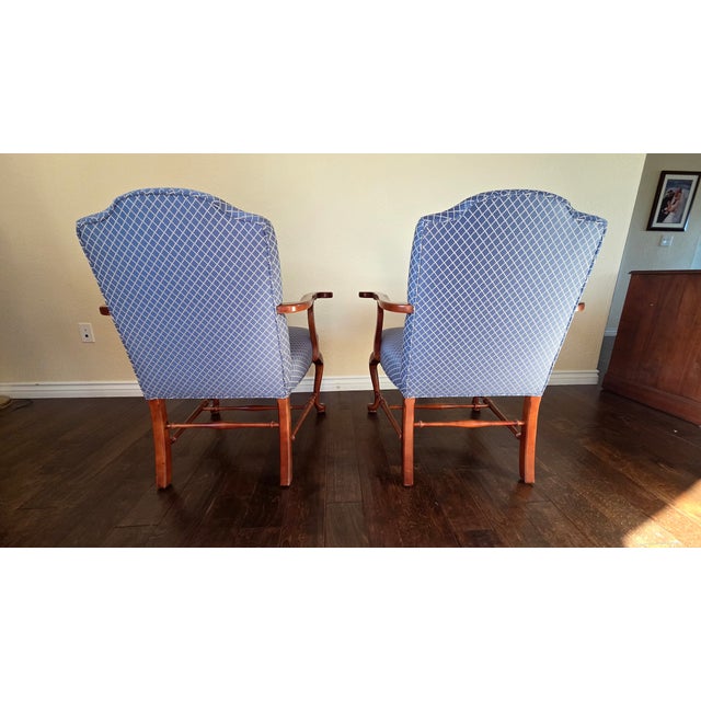 Set of UNMARKED Ethan Allen Upholstered Armchairs in Queen Anne style cherry wood. Fabric is blue with a gold (yellow)...