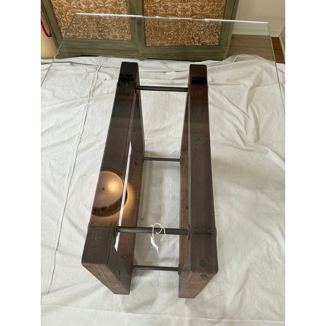 Modern Glass Top Dining Table With Rustic Solid Wood Base – Rh Style For Sale In Los Angeles - Image 6 of 14
