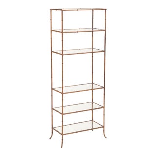Mid 20th Century Italian Neoclassical Gilt Iron Faux Bamboo Etagere With Glass Shelves For Sale