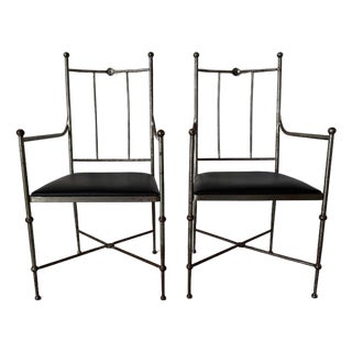 Vintage Alberto Orlandi Giacometti-Style Metal Armchairs With Black Leather Seats – Pair For Sale