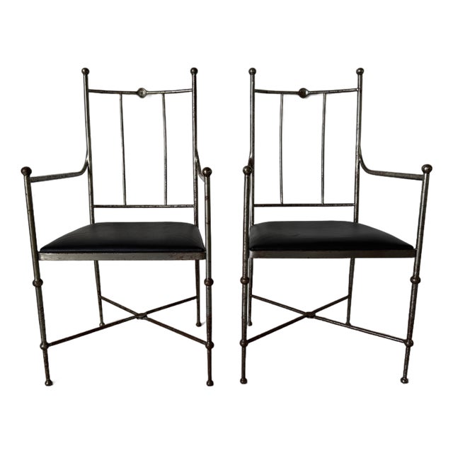 Vintage Alberto Orlandi Giacometti-Style Metal Armchairs With Black Leather Seats – Pair For Sale