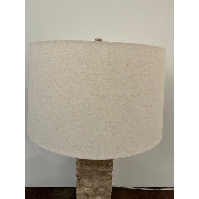 Revelation Icon Lamps Carved Travertine - Pair. For Sale - Image 4 of 9
