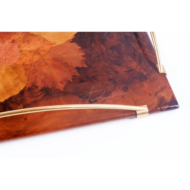 Art Deco Serving Tray with Leaves Under Resin on Burl Wood and Brass Handles, France, 1930s For Sale - Image 3 of 5