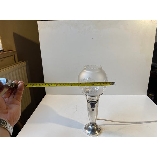 Small Art Deco Silver-Plated Table Lamp with Etched Glass Dome, 1930s For Sale - Image 6 of 10