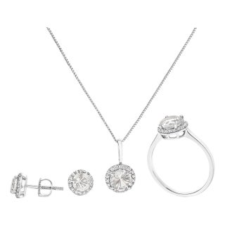 10K White Gold White Topaz and 3/8 Cttw Diamond Halo Jewelry Set (Earrings, Pendant & Ring) For Sale