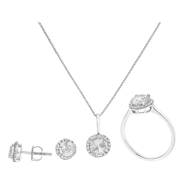 10K White Gold White Topaz and 3/8 Cttw Diamond Halo Jewelry Set (Earrings, Pendant & Ring) For Sale