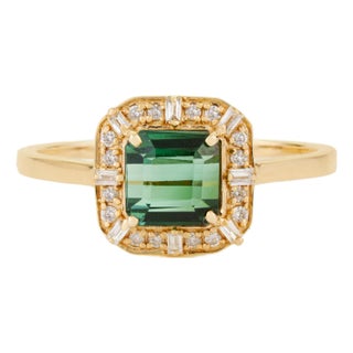 1.22ct Green Tourmaline & Diamond Vintage Ring Size 7 in 14k Yellow Gold For Sale