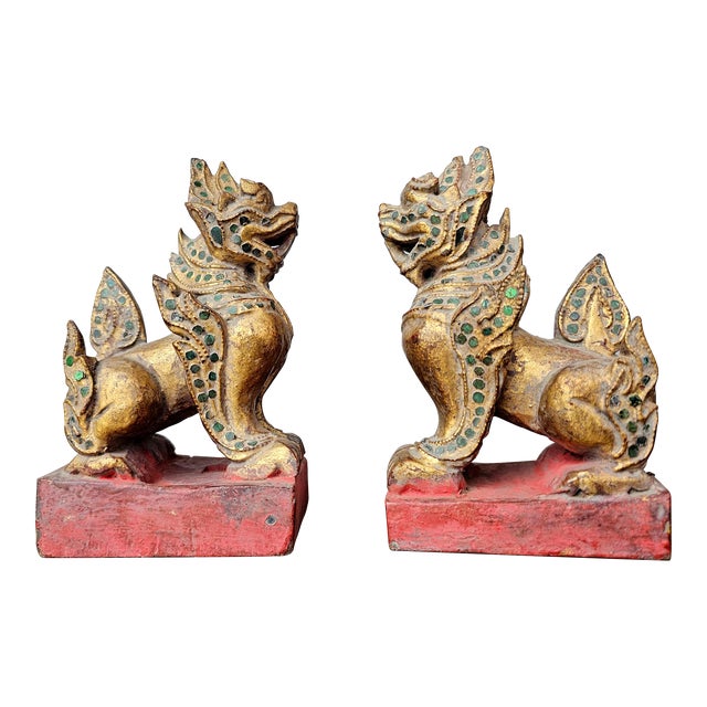 Antique Southeast Asian Burmese Glass Jewel Inlaid Qilin Foo Dog Lion Figure Carvings - a Pair For Sale