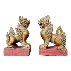 Antique Southeast Asian Burmese Glass Jewel Inlaid Qilin Foo Dog Lion Figure Carvings - a Pair