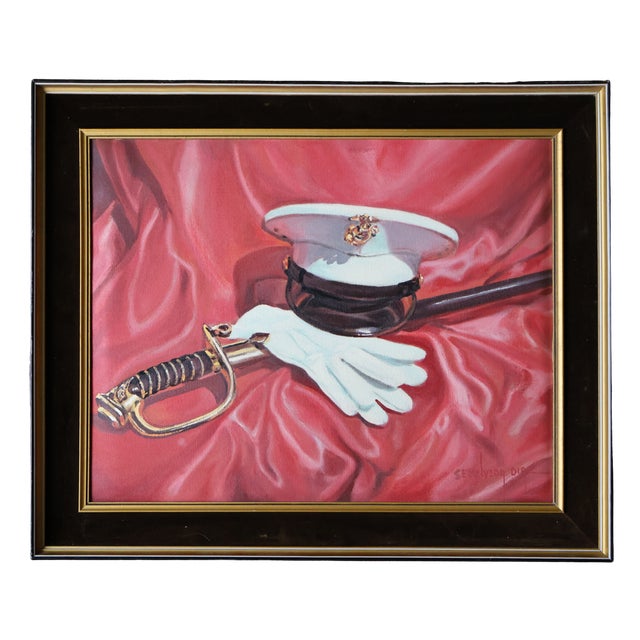 Late 20th Century Jorge Sepulveda Diaz Signed Original Usmc Regalia Still Life Painting, Framed For Sale