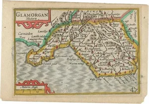 Antique Miniature Map of Glamorganshire in Wales, 1646