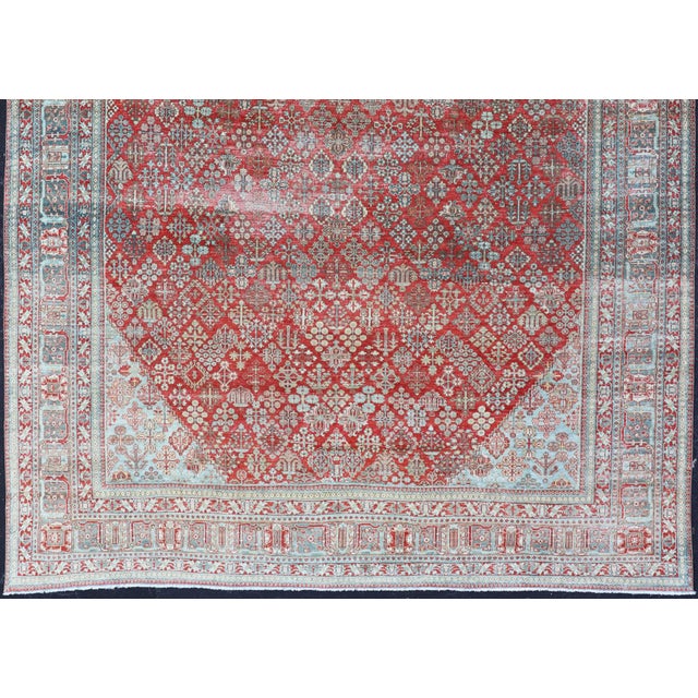 Tribal Antique Persian Joshegan Rug With Geometric Medallion Design in Red and Lt. Blue 9'6 X 12'3 For Sale - Image 3 of 15