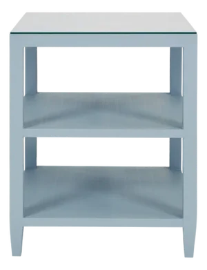 Matthew Izzo Home Amie Textured Light Blue Linen Three Tiered Square Side Table With Glass Top