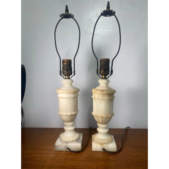 Pair of Mid Century Romanian Alabaster Marble Urn Table Lamps Neoclassical For Sale - Image 4 of 15