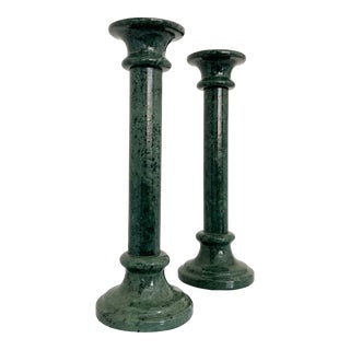 Late 20th Century Tall Green Marble Candlesticks- a Pair For Sale