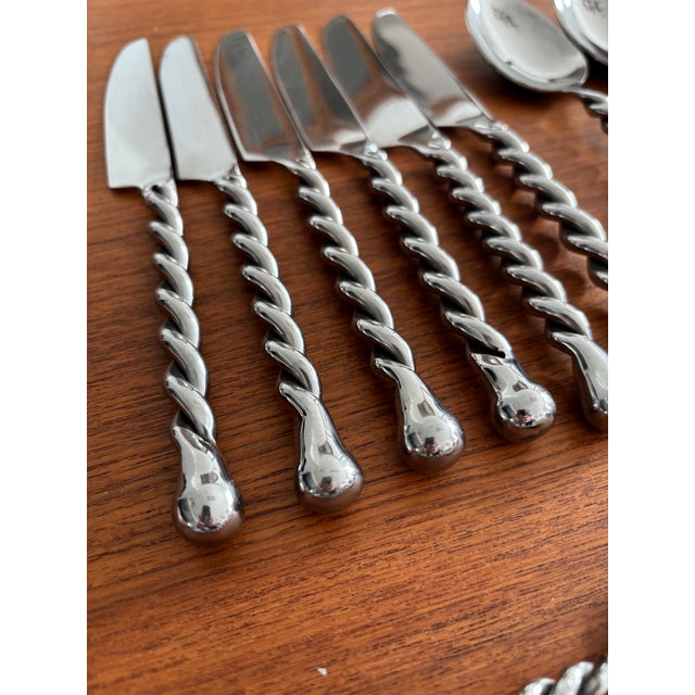 Vintage Stainless Steel Cutlery Service with Twisted Handles, 1990s, Set of 24 For Sale - Image 4 of 6
