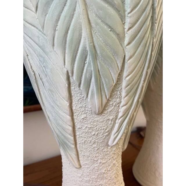 Late 20th Century Vintage Sculptural Plaster Leaf Relief Table Lamps, Textured White Organic Modern Hollywood Regency 23.5” - A Pair For Sale - Image 5 of 12